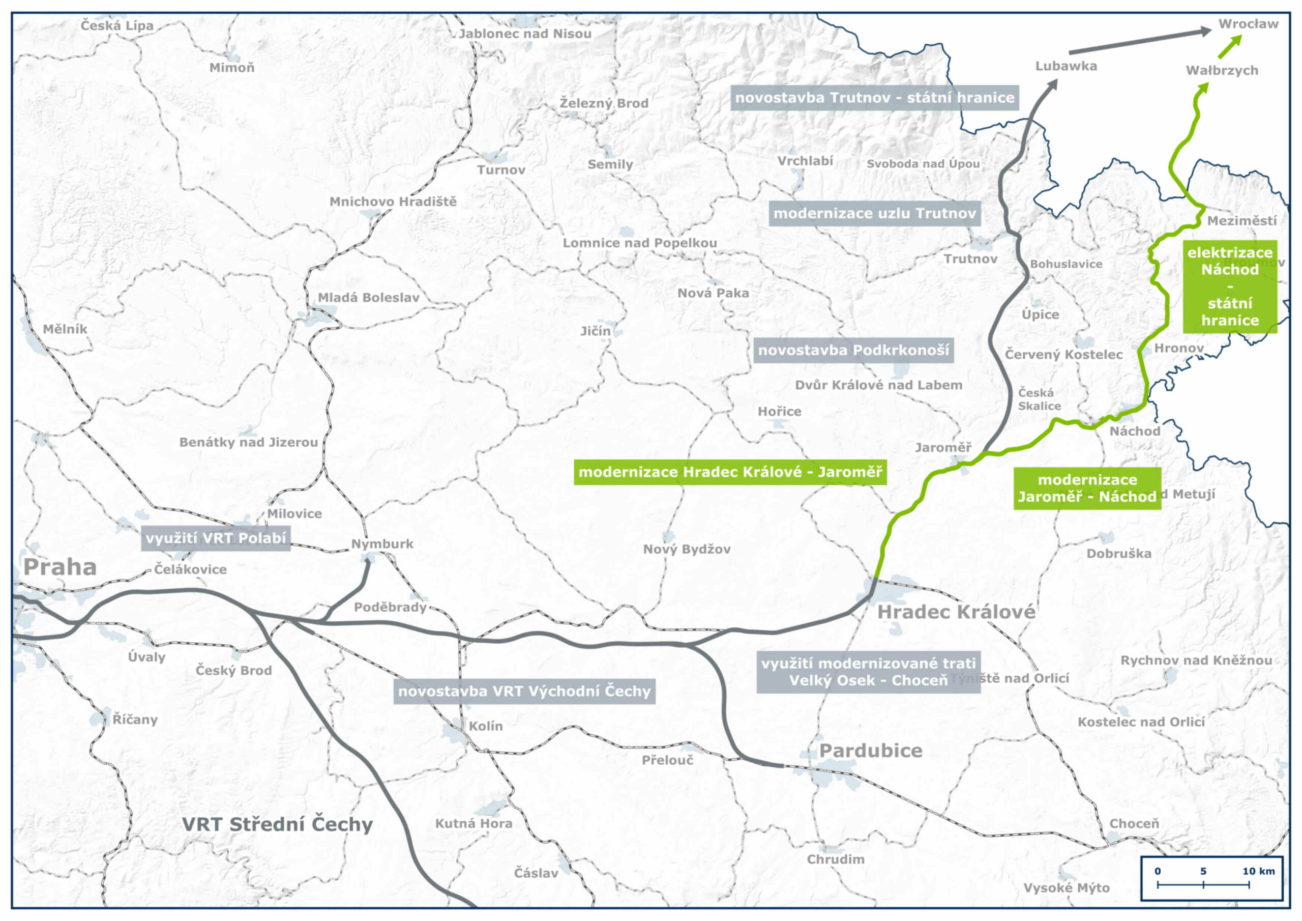 Mapa tratí v Královohradeckém kraji určených k modernizací